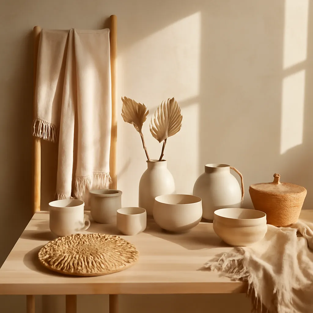 A thoughtfully arranged home interior with warm, natural textures